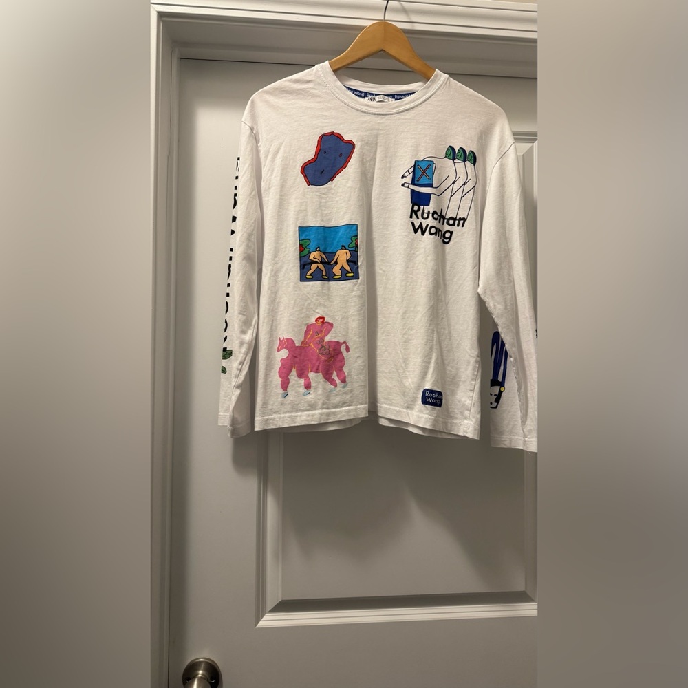 Zara White Long Sleeve Tees with Artistic Prints